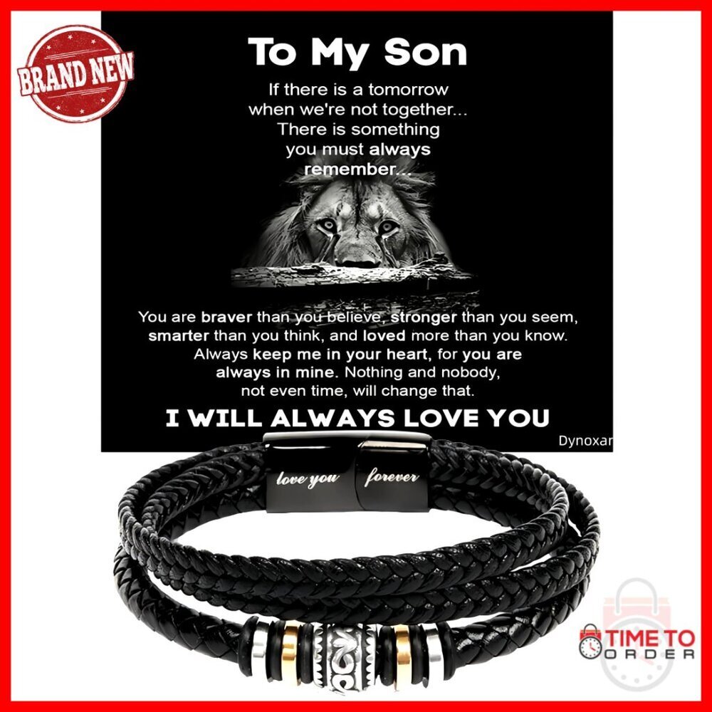 Men's Engraved Leather Bracelet with Stainless Steel, Gift Box